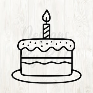 May include: Black and white line art illustration of a birthday cake with a lit candle on top. The cake has a wavy top edge with small dots and sits on a round plate. A simple design for celebrations.