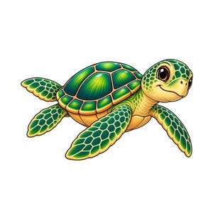 May include: A cartoon sea turtle illustration featuring a vibrant green and yellow shell with a detailed scute pattern. The turtle has large dark eyes, a light yellow head, and flippers with a matching green and yellow scale-like texture.