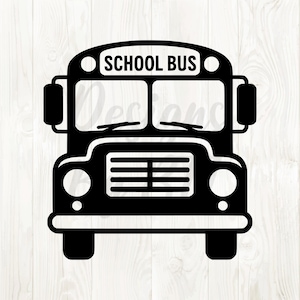 May include: Black and white illustration of a school bus. The bus features the text "SCHOOL BUS" above the windshield. The bus has headlights, a grill, and side mirrors. The image is a vector graphic.