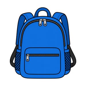 May include: A bright blue backpack featuring a large main compartment with dual silver zips, a smaller front pocket with a single silver zip, and two black mesh side pockets. The design includes a top handle and two adjustable shoulder straps.