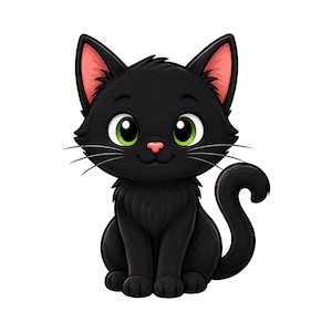 Puede incluir: Una ilustración de dibujos animados de un pequeño gato negro sentado. El gato tiene ojos grandes de color verde brillante, una pequeña nariz rosa y orejas puntiagudas con el interior rosa. Su cola está curvada hacia arriba y tiene largos bigotes blancos.