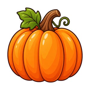 May include: A vibrant orange pumpkin illustration featuring deep vertical ridges, a brown stem, a single green leaf, and a small curly vine. The artwork uses bold outlines and smooth shading to define the round shape of the gourd against a white background.