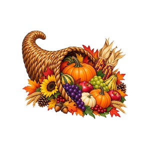 May include: A woven cornucopia overflowing with autumn harvest items including orange and white pumpkins, red apples, green grapes, purple grapes, a sunflower, ears of corn, pinecones, acorns, wheat stalks, and colorful fall leaves.