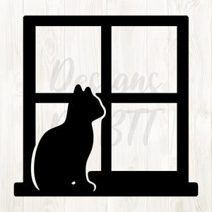 May include: A black silhouette of a cat sitting in a window. The cat is facing to the right, with its back to the viewer. The window frame is also black, and the background is a light wood grain.