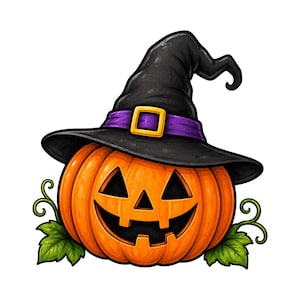 Peut inclure: Une citrouille orange vif sculptée avec des yeux triangulaires et un large sourire édenté. La citrouille porte un chapeau de sorcière noir pointu orné d'une bande violette et d'une boucle dorée, entourée de feuilles vertes sur les côtés.