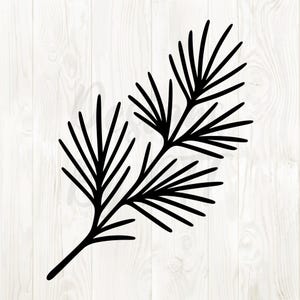 Puede incluir: Ilustración negra de una ramita de planta con múltiples ramas y hojas en forma de aguja. La ramita está sobre un fondo blanco con vetas de madera.