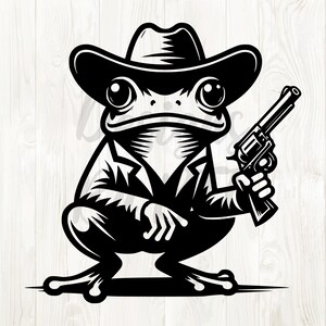 K&ouml;nnte beinhalten: Eine Schwarzwei&szlig;illustration eines Frosches, der einen Cowboyhut tr&auml;gt und eine Pistole h&auml;lt. Der Frosch tr&auml;gt eine Sakkojacke und hat einen ernsten Gesichtsausdruck.