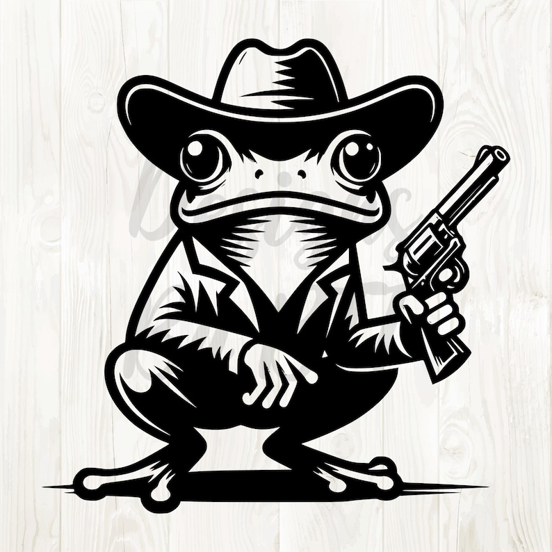 K&ouml;nnte beinhalten: Eine Schwarzwei&szlig;illustration eines Frosches, der einen Cowboyhut tr&auml;gt und eine Pistole h&auml;lt. Der Frosch tr&auml;gt eine Sakkojacke und hat einen ernsten Gesichtsausdruck.
