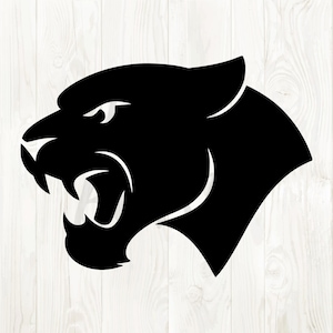 May include: A black silhouette of a panther's head, facing left, with its mouth open in a snarl. The design features sharp teeth and a detailed eye, set against a white wood grain background. This image is suitable for sports teams or animal-themed designs.