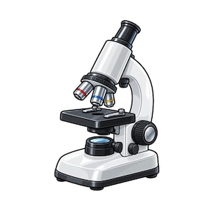 Puede incluir: Un microscopio compuesto blanco que presenta una platina negra con dos pinzas plateadas, un revólver con tres objetivos marcados con anillos rojo, azul y amarillo, un ocular negro y perillas de ajuste negras sobre una base resistente.