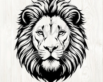 May include: A black and white illustration of a lion's head, facing forward. The lion has a full mane, detailed facial features, and a regal expression. The image is a graphic design, suitable for various applications.