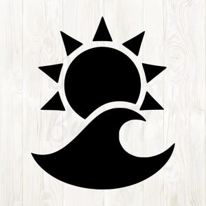 May include: A black graphic of a sun with triangular rays above a stylized wave. The design is simple and bold, suitable for various applications, such as stickers or wall art. The image is set against a white wood grain background.