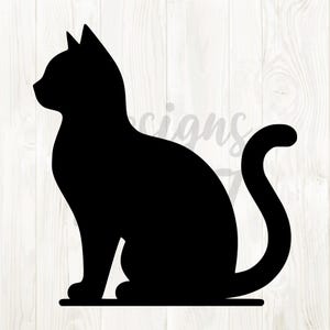 May include: A black cat silhouette in a sitting position, with its tail curled upwards. The cat is depicted in profile, showcasing its ears, head, and body shape. The design is simple and elegant, suitable for various applications.