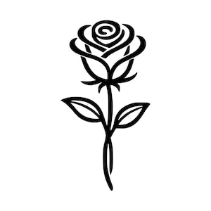 以下が含まれることがあります： バラの白黒線画。バラは、詳細なスパイラル状の中心、花びら、葉、茎を持っています。この画像は、古典的な花のシンプルでエレガントなイラストです。