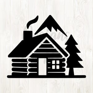 May include: A black and white illustration of a cabin with a chimney, smoke, a mountain, and a pine tree. The cabin has a door and a window. The image is a simple, graphic design.
