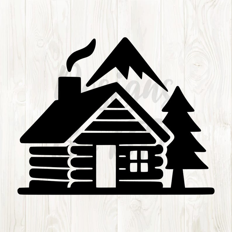 May include: A black and white illustration of a cabin with a chimney, smoke, a mountain, and a pine tree. The cabin has a door and a window. The image is a simple, graphic design.