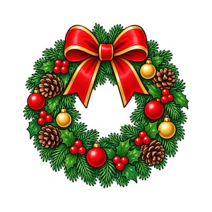 Op de afbeelding: Een ronde kerstkrans gemaakt van groene dennennaalden en hulstbladeren. De krans is versierd met bruine dennenappels, glanzende rode en gouden kerstballen en trossen rode bessen. Een grote rode strik met een gouden rand bevindt zich aan de bovenzijde.