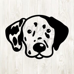 Könnte beinhalten: Schwarz-weiß-Illustration des Kopfes eines Dalmatiners. Der Hund hat große, herabhängende Ohren und ein geflecktes Muster.