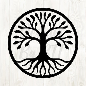 May include: Black tree of life design within a circular frame. The tree features a detailed trunk, branches with leaves, and roots. The design is set against a white wood grain background, creating a striking contrast.