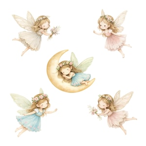 Puede incluir: Ilustración en acuarela de cinco hadas con delicadas alas y coronas florales. Las hadas se representan en varias poses, algunas sosteniendo flores, y una descansando sobre una luna creciente. La paleta de colores incluye pasteles suaves como el rosa, el azul y el crema, sobre un fondo blanco.