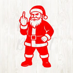 Könnte beinhalten: Eine rote Grafik von Santa Claus, der den Mittelfinger zeigt. Der Weihnachtsmann trägt einen roten Anzug, Hut und Stiefel mit weißen Verzierungen. Sein weißer Bart und Schnurrbart sind markant, und er hat einen wütenden Gesichtsausdruck.