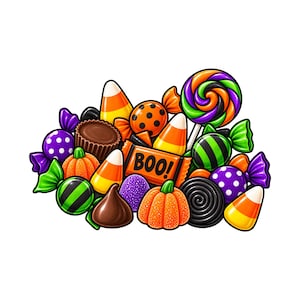May include: A colorful assortment of Halloween candy including orange and white candy corn, a chocolate peanut butter cup, a lollipop with purple, orange, and green swirls, orange pumpkin candies, and an orange candy bar with the text BOO!