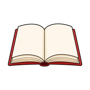 Könnte beinhalten: Ein aufgeschlagenes Buch mit einem leuchtend roten Einband und leeren, cremefarbenen Seiten. Die Illustration zeigt kräftige schwarze Umrisse, einen Buchrücken in der Mitte und mehrere sichtbare Seitenschichten als klare grafische Darstellung.