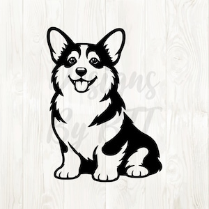May include: A black and white illustration of a smiling Corgi dog. The dog is sitting with its tongue out, and its fur is detailed with black and white markings. The image is a graphic design, likely for a sticker or print.