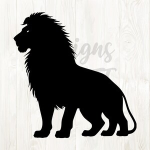 May include: A black silhouette of a lion in a side profile, standing with its head turned slightly to the left. The lion has a full mane and a detailed outline, set against a light wood grain background.