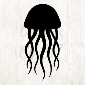 Puede incluir: Silueta negra de una medusa. La medusa tiene una forma de campana redondeada con largos tentáculos fluidos. La imagen es un diseño gráfico simple, adecuado para diversas aplicaciones.