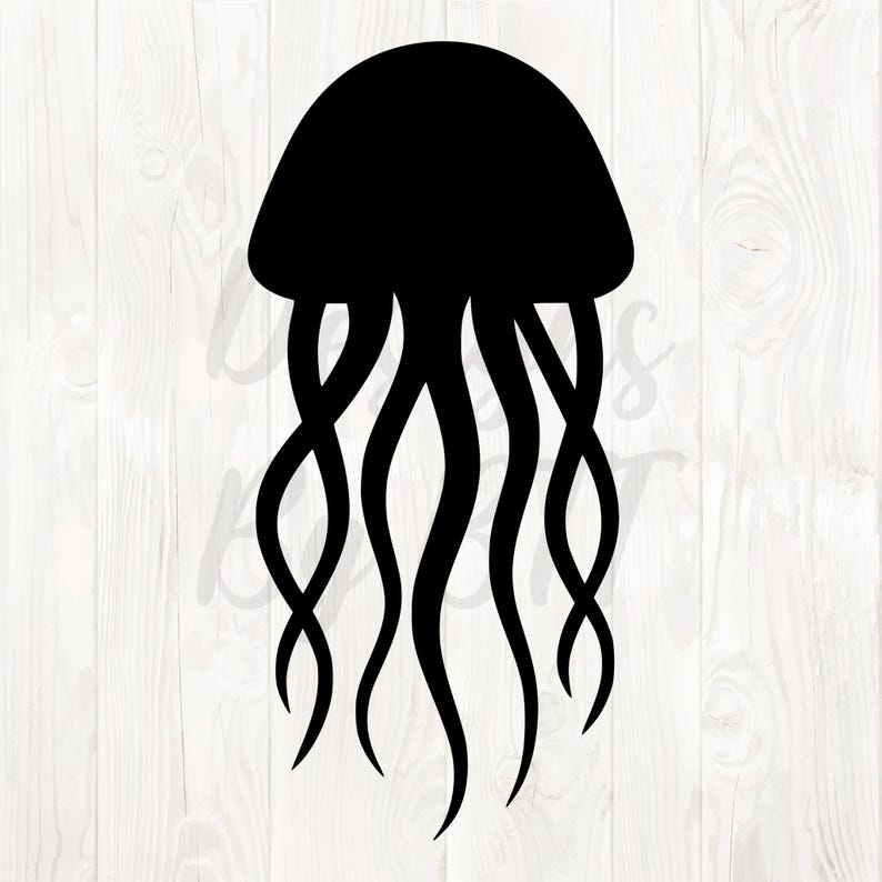 May include: A black silhouette of a jellyfish. The jellyfish has a rounded bell shape with long, flowing tentacles. The image is a simple, graphic design, suitable for various applications.
