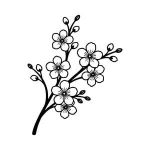 Könnte beinhalten: Schwarz-Weiß-Illustration eines blühenden Zweigs mit mehreren offenen Blüten und ungeöffneten Knospen. Die Blüten haben fünf Blütenblätter und sind am Stiel angeordnet.