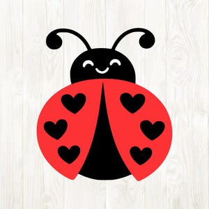 May include: A cheerful cartoon ladybug illustration. The ladybug has a black head and body, with a red shell adorned with six black heart-shaped spots. The ladybug has a smiling face and two antennae. The background is a light wood grain.