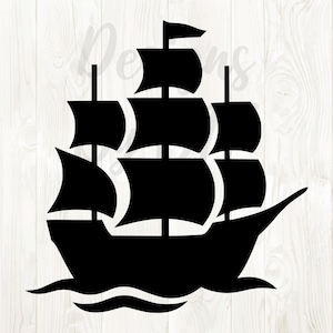 Puede incluir: Silueta negra de un velero con múltiples velas y una bandera. El barco se representa sobre una línea ondulada, lo que sugiere que está en el mar. La imagen tiene un tema náutico y es adecuada para varios proyectos de diseño.