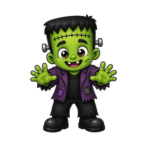 Puede incluir: Una ilustración de dibujos animados de un personaje de piel verde con cabello negro, frente cosida y pernos plateados en el cuello. El personaje viste una chaqueta morada con parches sobre una camisa negra y pantalones negros, con ambas manos alzadas.