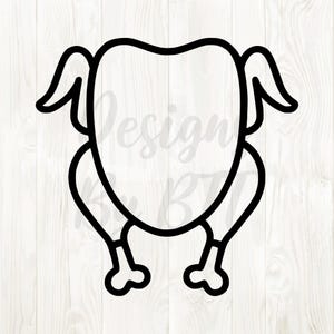 May include: Black line art illustration of a roasted turkey. The turkey is depicted in a simple, outlined style, with wings, legs, and a body. The background is a light wood grain pattern.