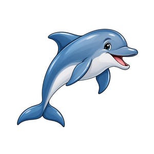 Op de afbeelding: Een cartoonillustratie van een blauwe dolfijn met een witte buik, afgebeeld in een dynamische springhouding. De dolfijn heeft een glad, rond lichaam, een prominente rugvin en een wijd open mond die een roze binnenkant en vrolijke blik toont.