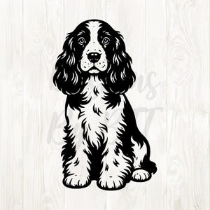 May include: A black and white illustration of a Cocker Spaniel dog in a sitting position. The dog has long, wavy ears and a fluffy coat. The dog's fur is black and white, with a white patch on its head. The dog is facing forward.