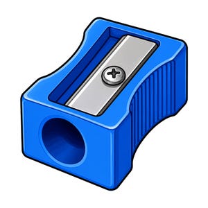 Puede incluir: Un sacapuntas de color azul brillante con una cuchilla metálica plateada fijada por un tornillo de estrella. El sacapuntas tiene un agarre lateral contorneado y texturizado, además de una abertura circular frontal para un lápiz.