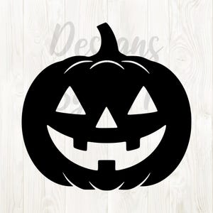 May include: A black silhouette of a carved pumpkin with triangular eyes and a wide, toothy grin. The pumpkin has a curved stem, a classic Halloween decoration. The background is a light wood grain pattern.