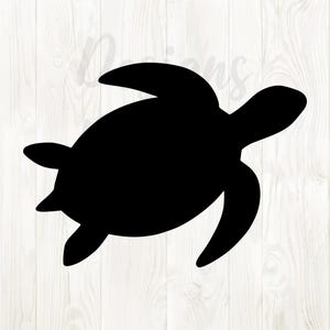 May include: A black silhouette of a sea turtle. The turtle is shown in a swimming pose, with its head and flippers extended. The background is a light wood grain pattern. The image is a simple, graphic representation.