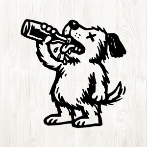 May include: Black and white illustration of a dog drinking from a bottle. The dog is standing on its hind legs, with a cross over one eye. The image has a hand-drawn, sketched style.