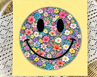 PNG de carita sonriente floral, diseño de sublimación de camiseta con cara feliz de flores silvestres coloridas, fondo transparente, uso comercial, descarga instantánea.