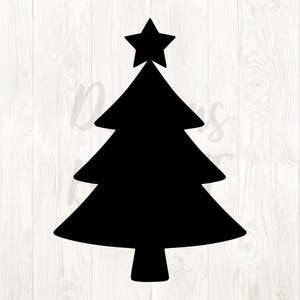 May include: A black silhouette of a Christmas tree topped with a star. The tree has a traditional triangular form with tiered branches. The background features a light wood grain pattern.