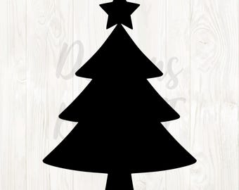May include: A black silhouette of a Christmas tree with a star on top. The tree has a classic triangular shape with layered branches. The background is a light wood grain pattern.