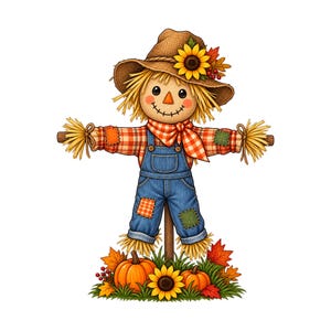 Puede incluir: Una ilustración de espantapájaros con un sombrero marrón con un girasol, camisa a cuadros, peto de mezclilla azul con parches y detalles de paja. La figura se apoya sobre una base de hierba verde, calabazas naranjas y hojas de otoño.