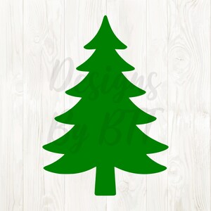 May include: A green Christmas tree silhouette with a traditional shape. The tree features multiple layers of branches and a trunk. The background is a white wood grain pattern.