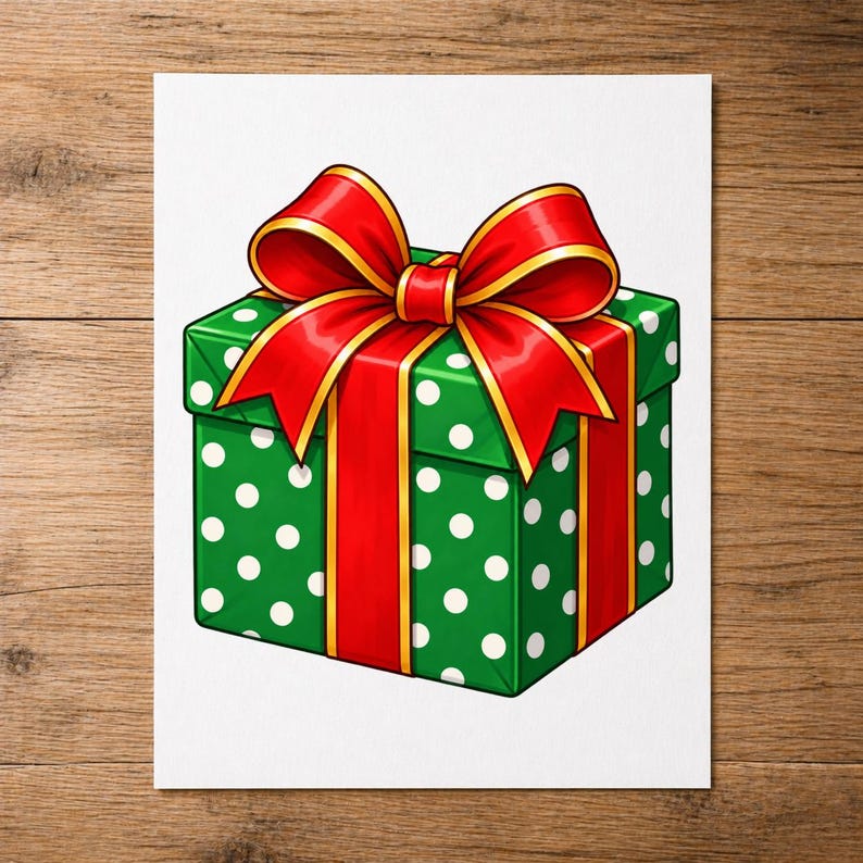 Christmas Present PNG, Green Polka Dot Gift Clipart, Red Bow Design ...