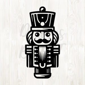 May include: A black and white illustration of a nutcracker soldier. The nutcracker has a tall hat, a mustache, and a uniform with buttons. The design is a vector graphic, suitable for holiday crafts and decorations.