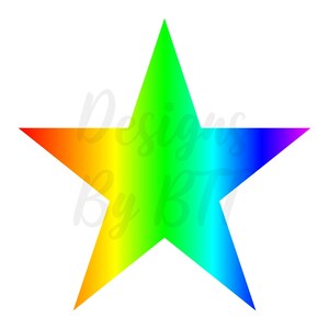 Könnte beinhalten: Ein fünfzackiger Stern in Regenbogenfarben mit einem Verlaufseffekt. Der Stern ist rot, orange, gelb, grün, blau und lila.